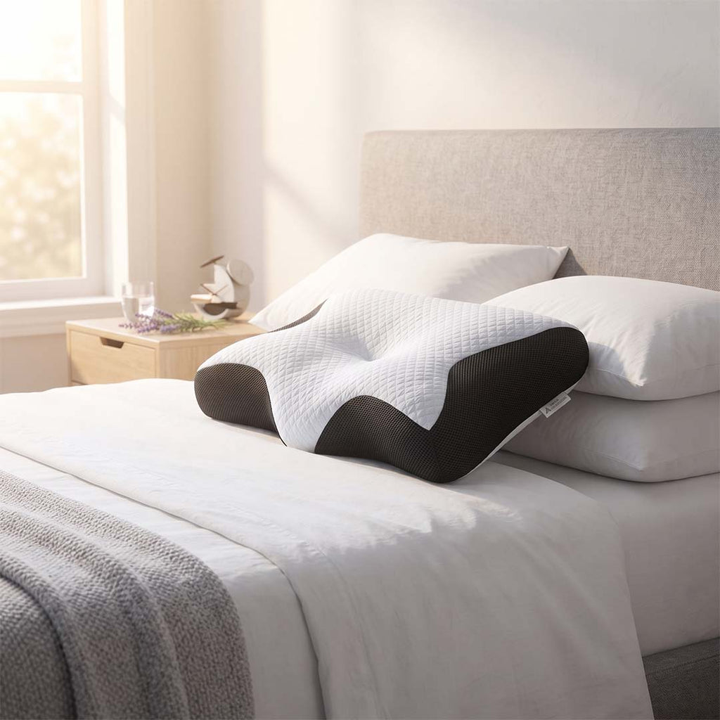 Pillovex orthopedic pillow on cozy bed in bright bedroom with warm morning light