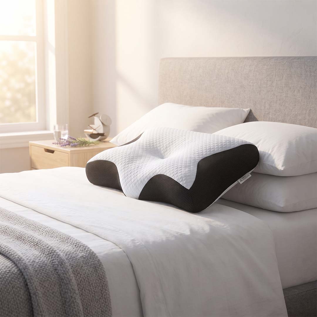 Pillovex orthopedic pillow on cozy bed in bright bedroom with warm morning light