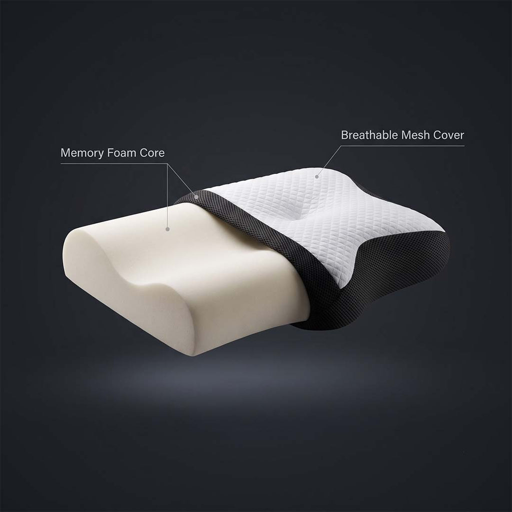 Pillovex pillow cutaway showing memory foam core and breathable mesh cover construction